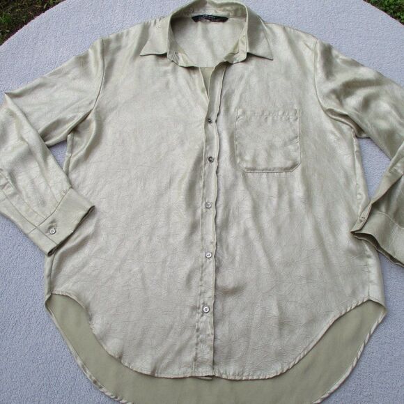 Zara Woman Collection Blouse Size Small Gold Metallic Crinkle Button Up - Picture 3 of 9